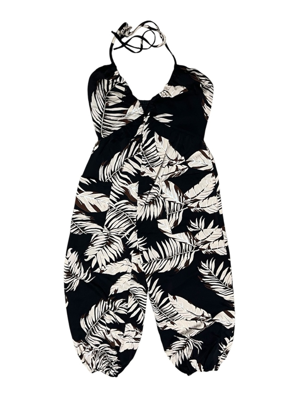 Nwt Cupshe Women's Black Jumpsuit Size S V Neck Pockets Tropical Cream Leaves